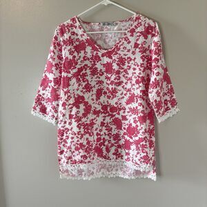 Elena Baldi 100% Linen Tunic Top Pink Floral 3/4 Sleeves Lace Detail Sz …